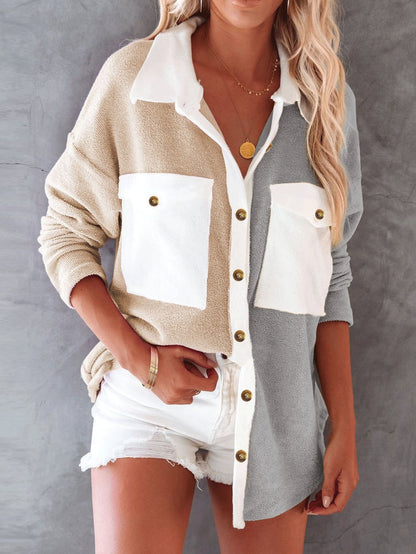 Coats Contrast Button Pocket Long Sleeve Shirt Coat for Women