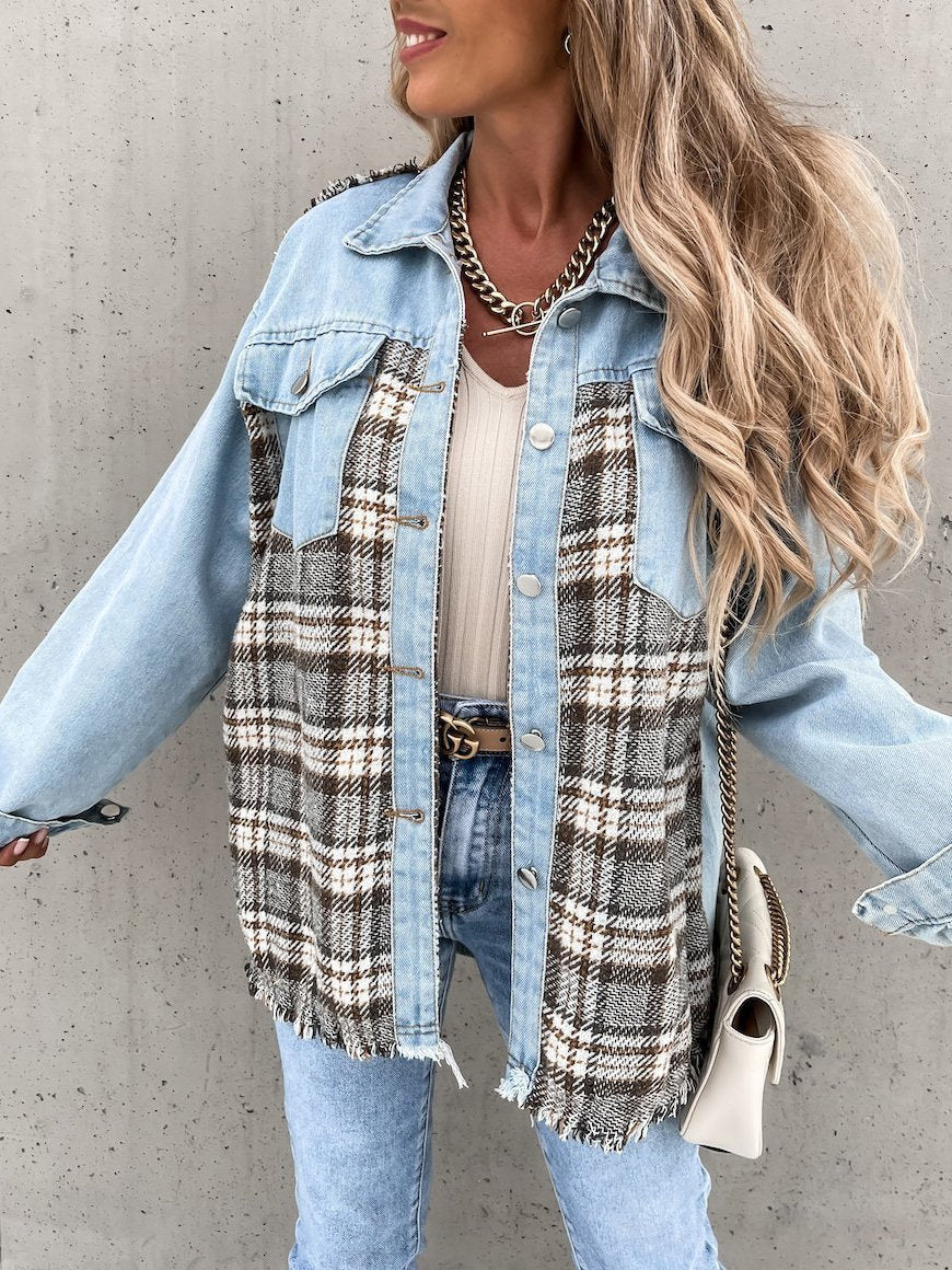 Women's Coats Denim Stitching Plaid Pocket Button Coat - LuckyFash™