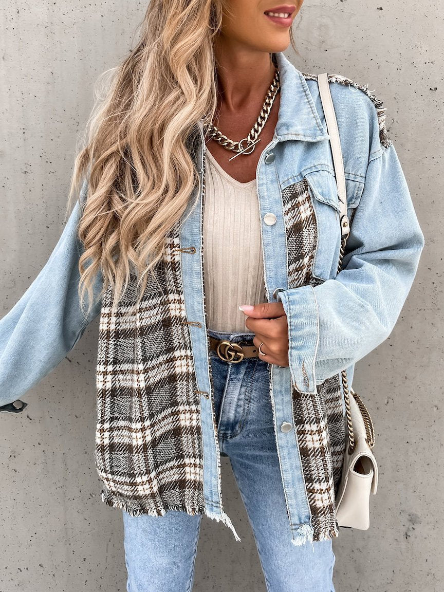 Women's Coats Denim Stitching Plaid Pocket Button Coat - LuckyFash™