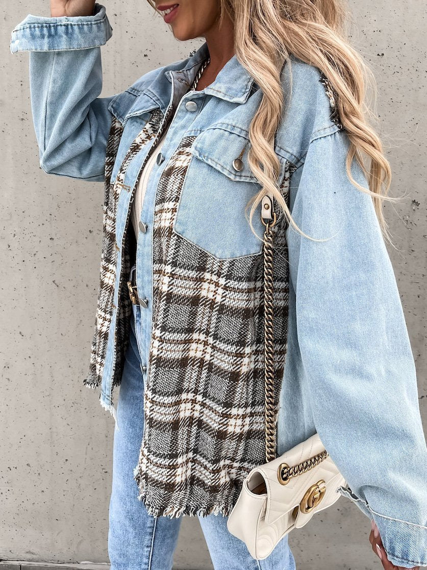 Women's Coats Denim Stitching Plaid Pocket Button Coat - LuckyFash™