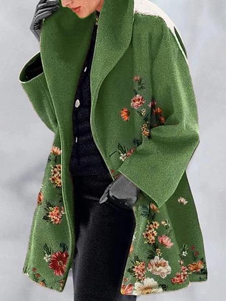 Coats Floral Print Lapel Woolen Coat for Women