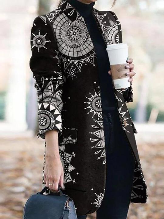 Coats Graphic Print Stand Collar Long Sleeve Woolen Coat for Women