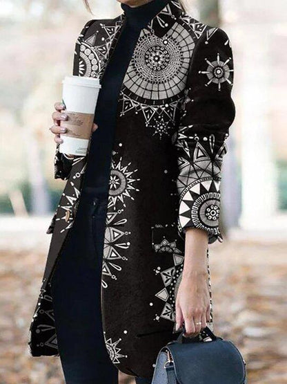 Women's Coats Graphic Print Stand Collar Long Sleeve Woolen Coat - LuckyFash™