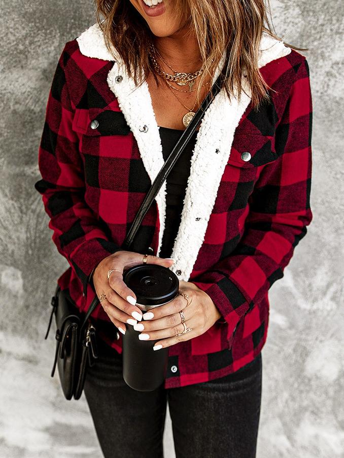 Women's Coats Lamb Velvet Contrast Plaid Pocket  Padded Coat - LuckyFash™