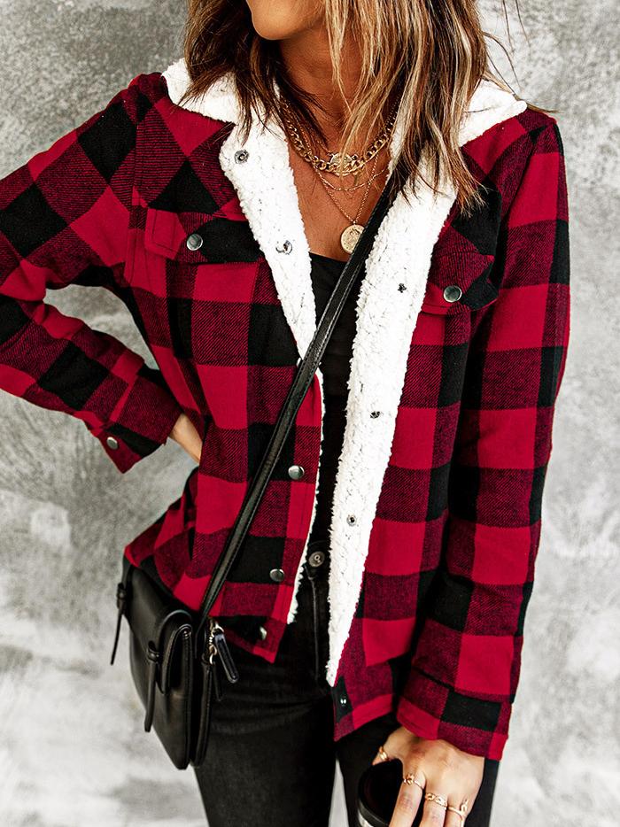 Coats Lamb Velvet Contrast Plaid Pocket  Padded Coat for Women