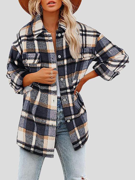 Coats Lapel Buttoned Plaid Long Sleeve Coat for Women