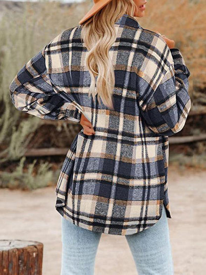 Women's Coats Lapel Buttoned Plaid Long Sleeve Coat - LuckyFash™