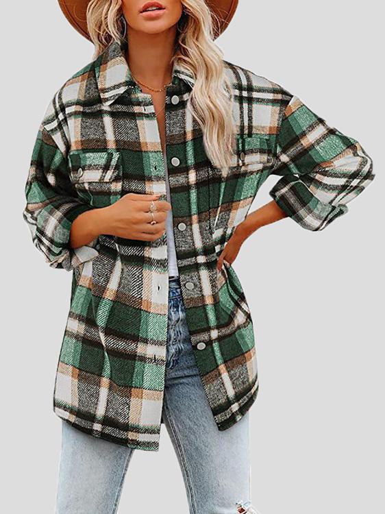 Women's Coats Lapel Buttoned Plaid Long Sleeve Coat - LuckyFash™