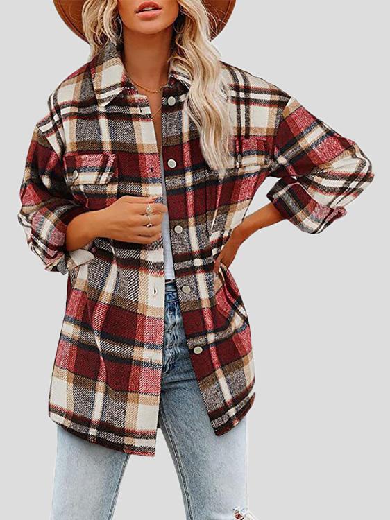 Women's Coats Lapel Buttoned Plaid Long Sleeve Coat - LuckyFash™