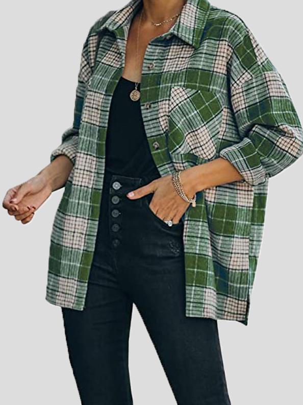 Coats Lapel Check Long Sleeve Split Shirt Coat for Women