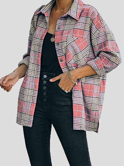 Coats Lapel Check Long Sleeve Split Shirt Coat for Women