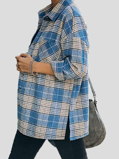 Women's Coats Lapel Check Long Sleeve Split Shirt Coat - LuckyFash™