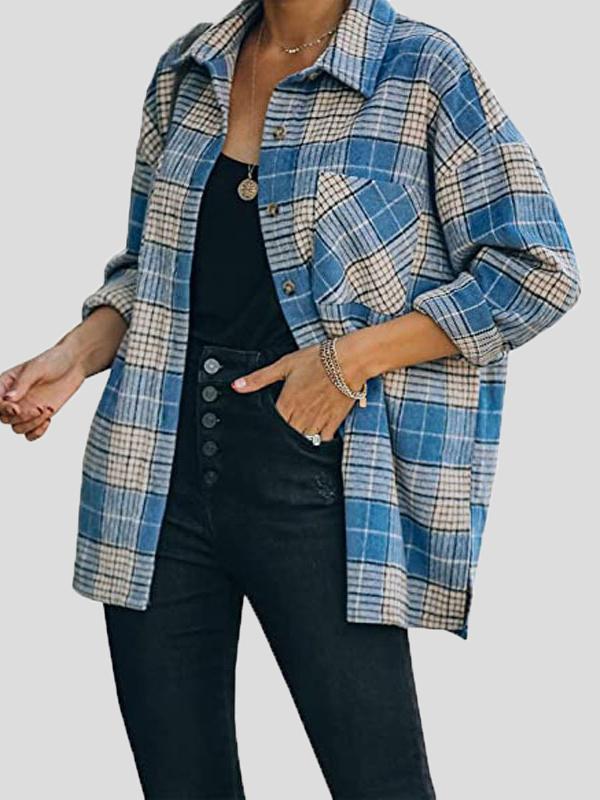 Women's Coats Lapel Check Long Sleeve Split Shirt Coat - LuckyFash™