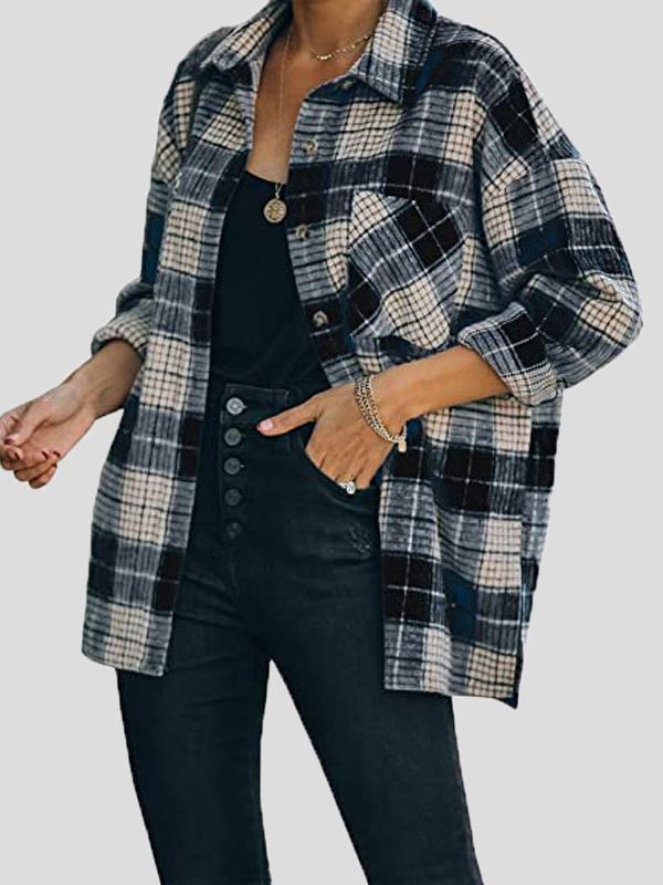 Coats Lapel Check Long Sleeve Split Shirt Coat for Women