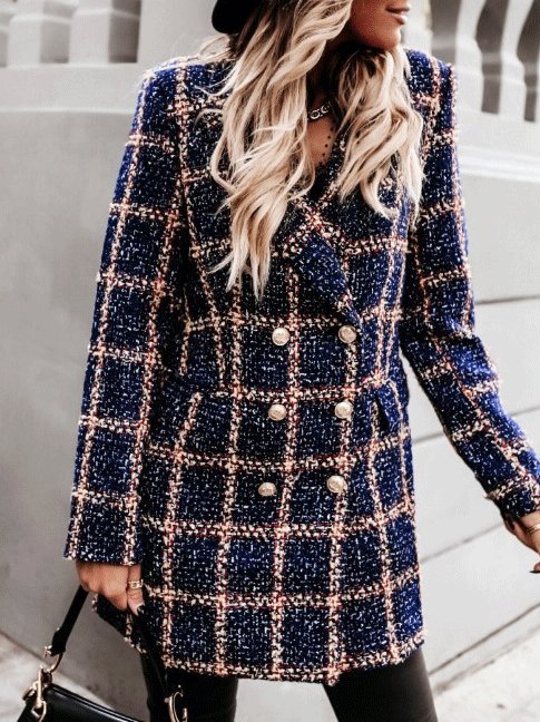 Coats Lapel Double-Breasted Plaid Wool Coat for Women