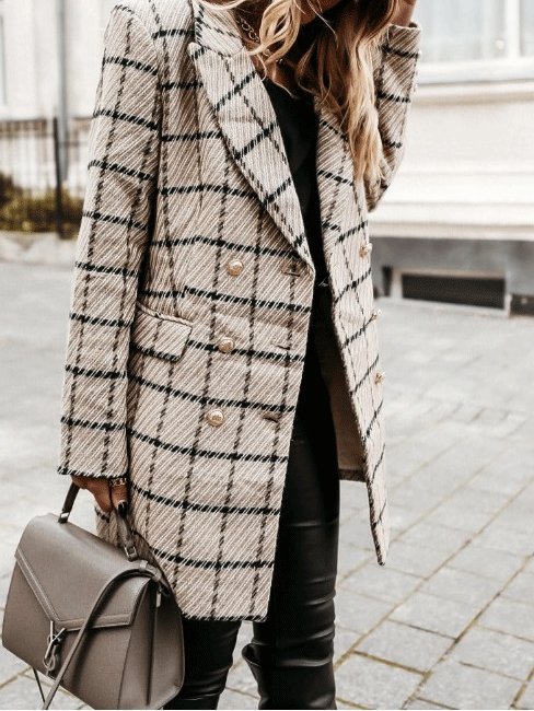 Women's Coats Lapel Double-Breasted Plaid Wool Coat - LuckyFash™