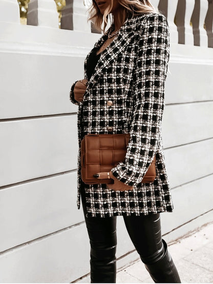 Women's Coats Lapel Double-Breasted Plaid Wool Coat - LuckyFash™