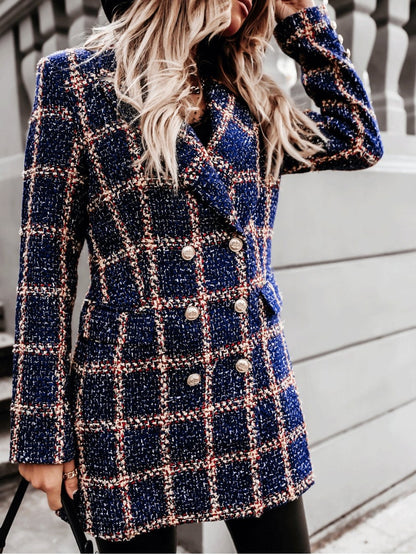 Women's Coats Lapel Double-Breasted Plaid Wool Coat - LuckyFash™