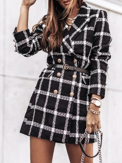 Women's Coats Lapel Double-Breasted Plaid Wool Coat - LuckyFash™