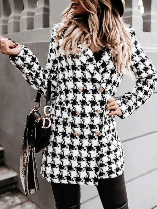 Women's Coats Lapel Double-Breasted Plaid Wool Coat - LuckyFash™