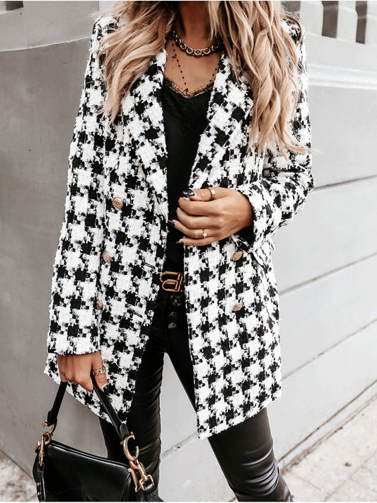 Coats Lapel Double-Breasted Plaid Wool Coat for Women