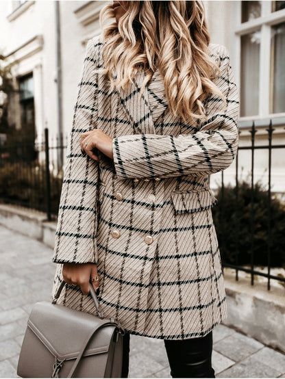 Women's Coats Lapel Double-Breasted Plaid Wool Coat - LuckyFash™