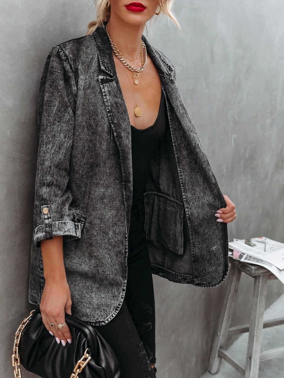 Coats Lapel Long Sleeve Cardigan Denim Coat for Women