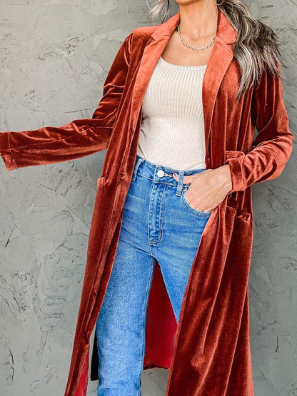 Women's Coats Lapel Pocket Gold Velvet Long Sleeve Long Coat - LuckyFash™