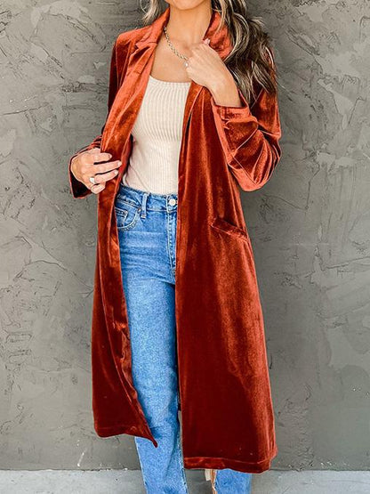 Women's Coats Lapel Pocket Gold Velvet Long Sleeve Long Coat - LuckyFash™