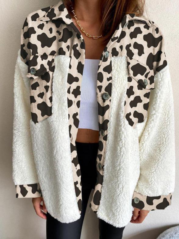 Women's Coats Leopard Print Plush Stitching Long Sleeve Coat - LuckyFash™