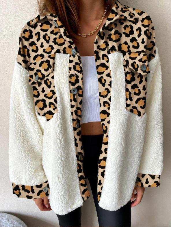 Women's Coats Leopard Print Plush Stitching Long Sleeve Coat - LuckyFash™