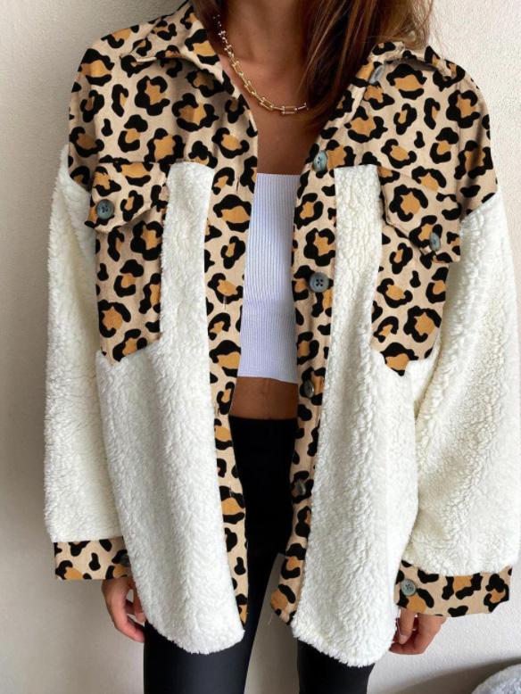 Women's Coats Leopard Print Plush Stitching Long Sleeve Coat - LuckyFash™