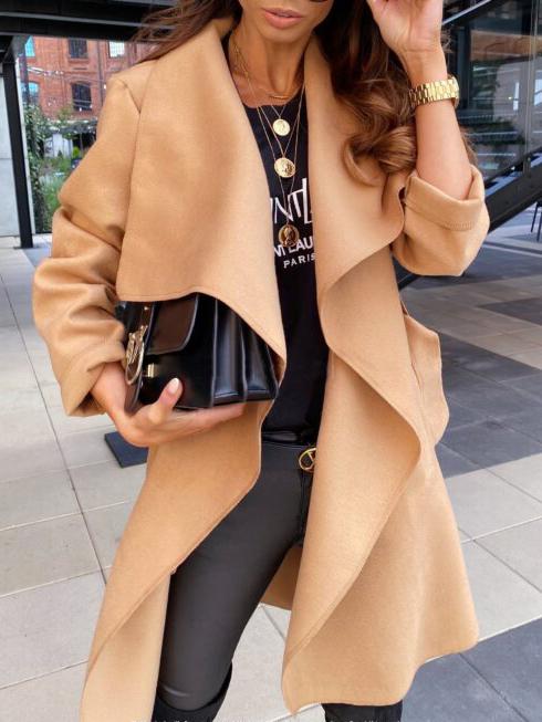 Coats Long Sleeve Solid Tie Woolen Coat for Women