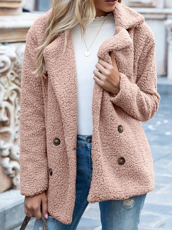 Coats Loose Lapel Button Long Sleeve Fleece Coat for Women