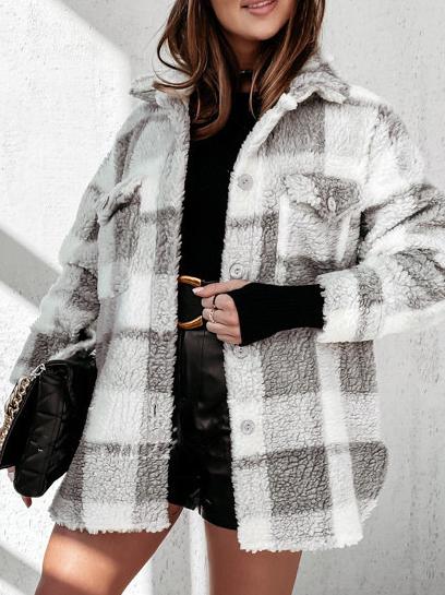 Coats Plaid Button Pocket Long Sleeve Fur Coat for Women