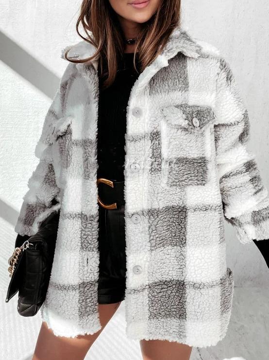 Women's Coats Plaid Button Pocket Long Sleeve Fur Coat - LuckyFash™