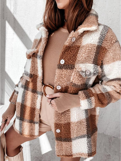 Coats Plaid Button Pocket Long Sleeve Fur Coat for Women