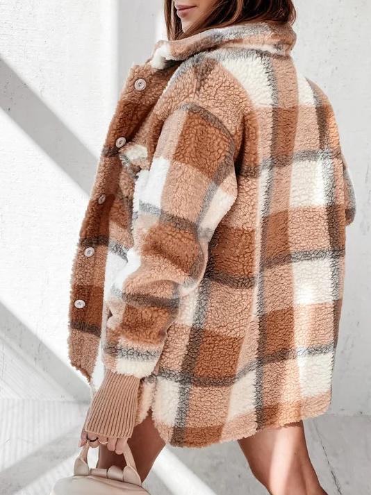 Women's Coats Plaid Button Pocket Long Sleeve Fur Coat - LuckyFash™