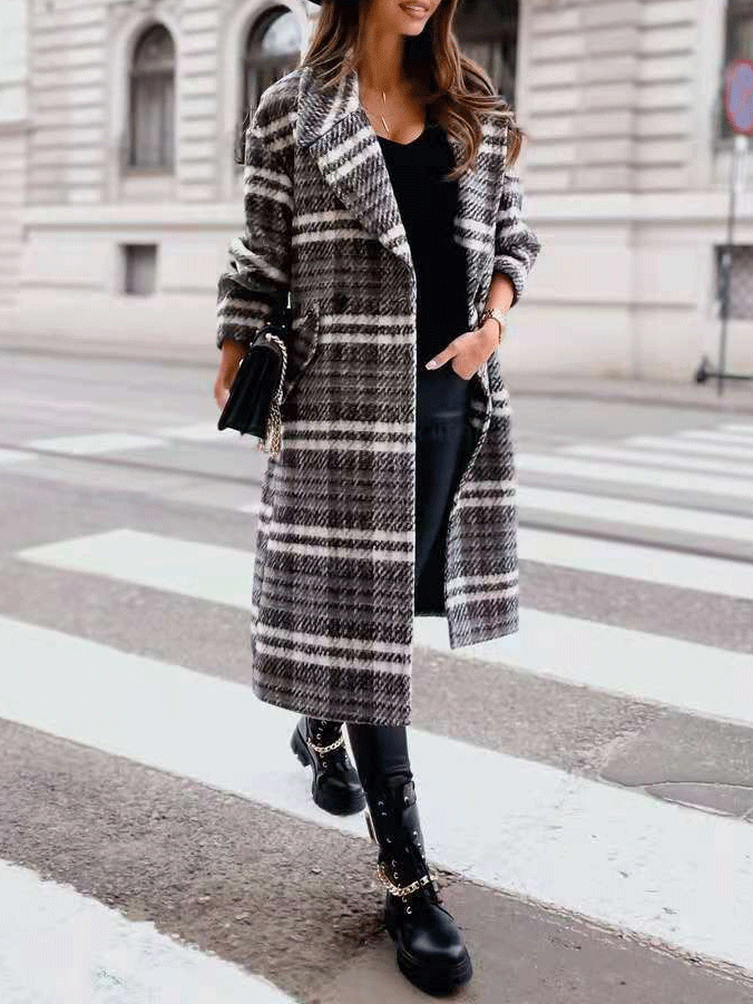 Women's Coats Plaid Lapel Long Woolen Coat - LuckyFash™