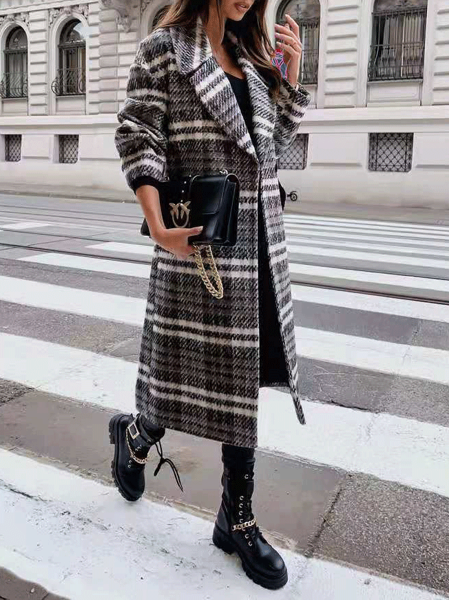 Women's Coats Plaid Lapel Long Woolen Coat - LuckyFash™