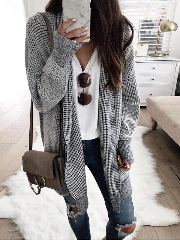 Coats Plaid Mid-Length Woolen Cardigan Coat for Women