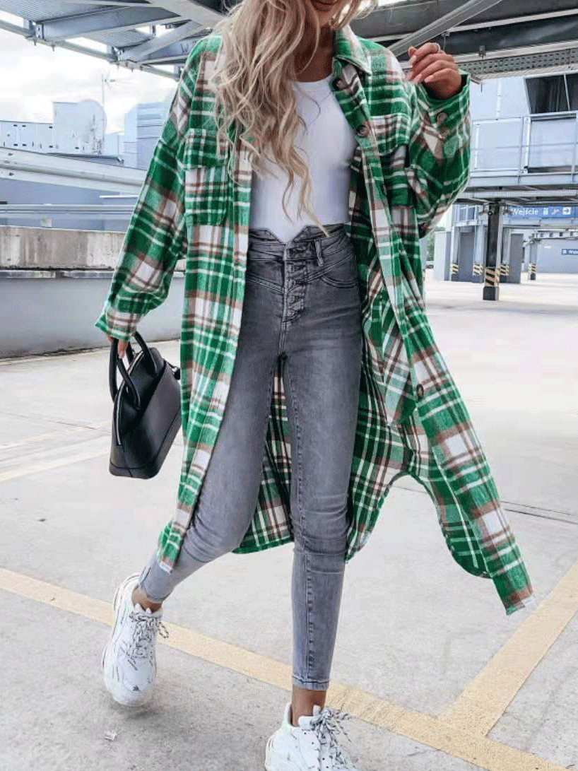 Women's Coats Pocket Button Plaid Shirt Long Coat - LuckyFash™