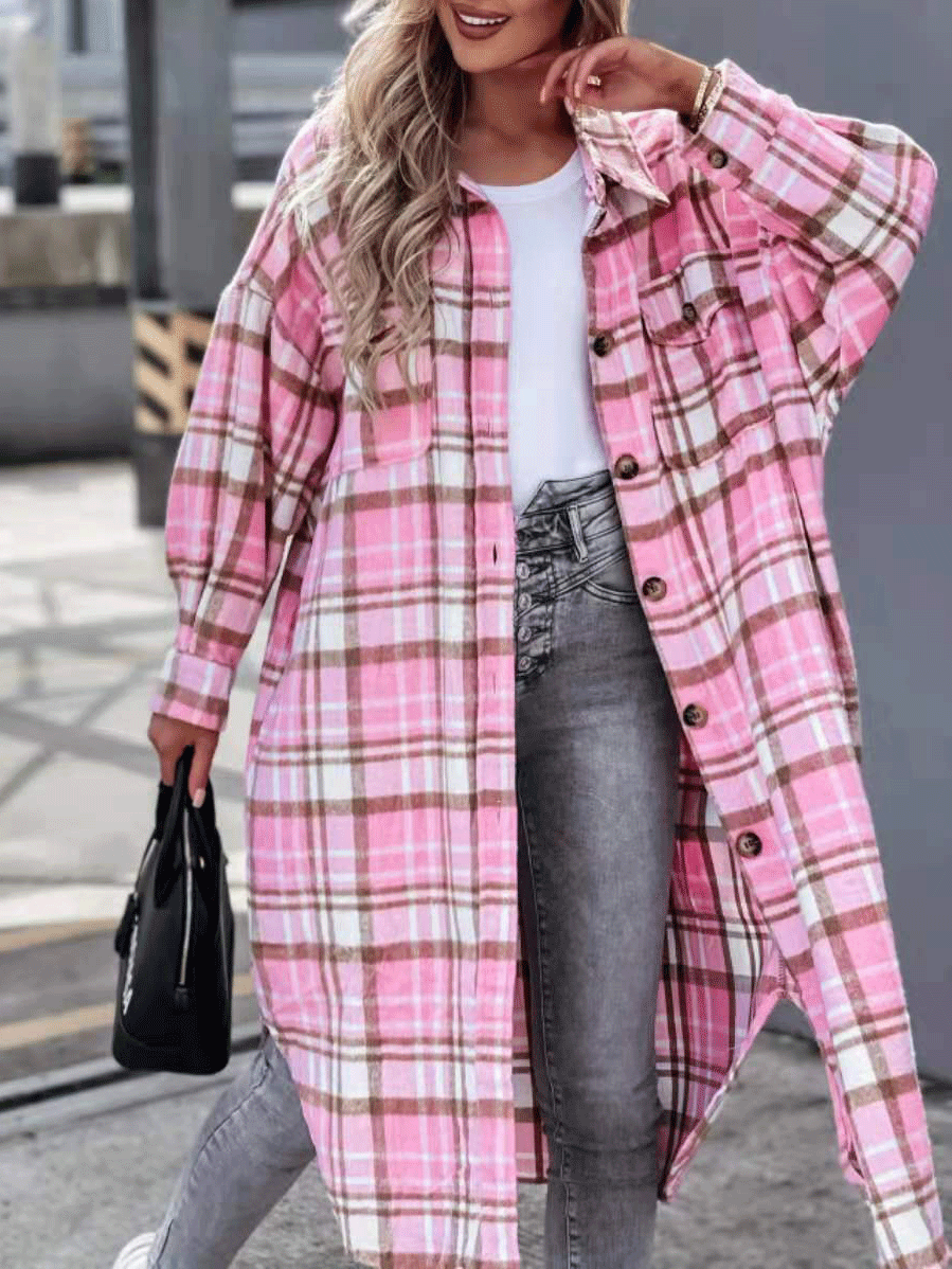 Coats Pocket Button Plaid Shirt Long Coat for Women