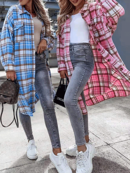 Women's Coats Pocket Button Plaid Shirt Long Coat - LuckyFash™