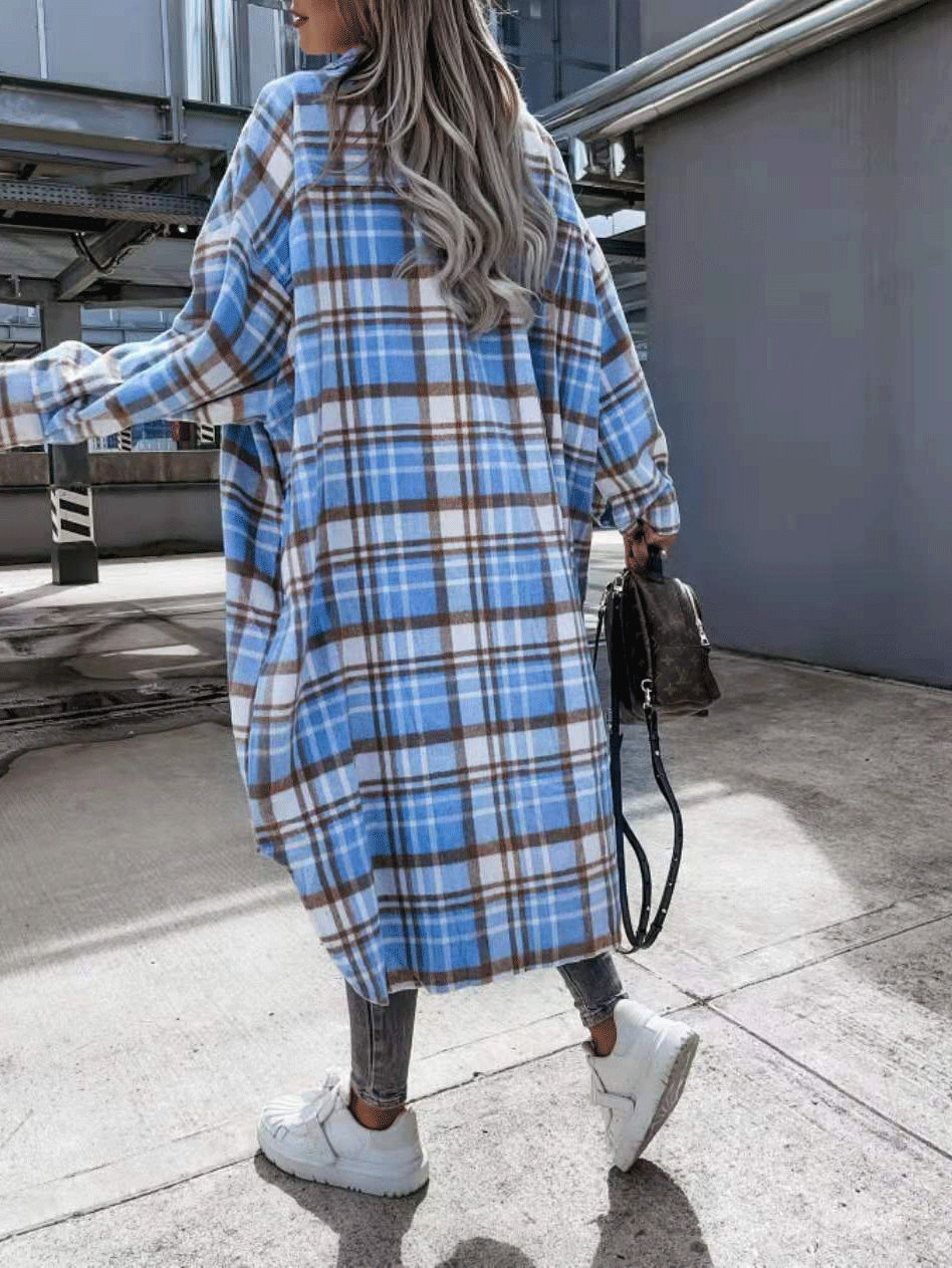 Women's Coats Pocket Button Plaid Shirt Long Coat - LuckyFash™