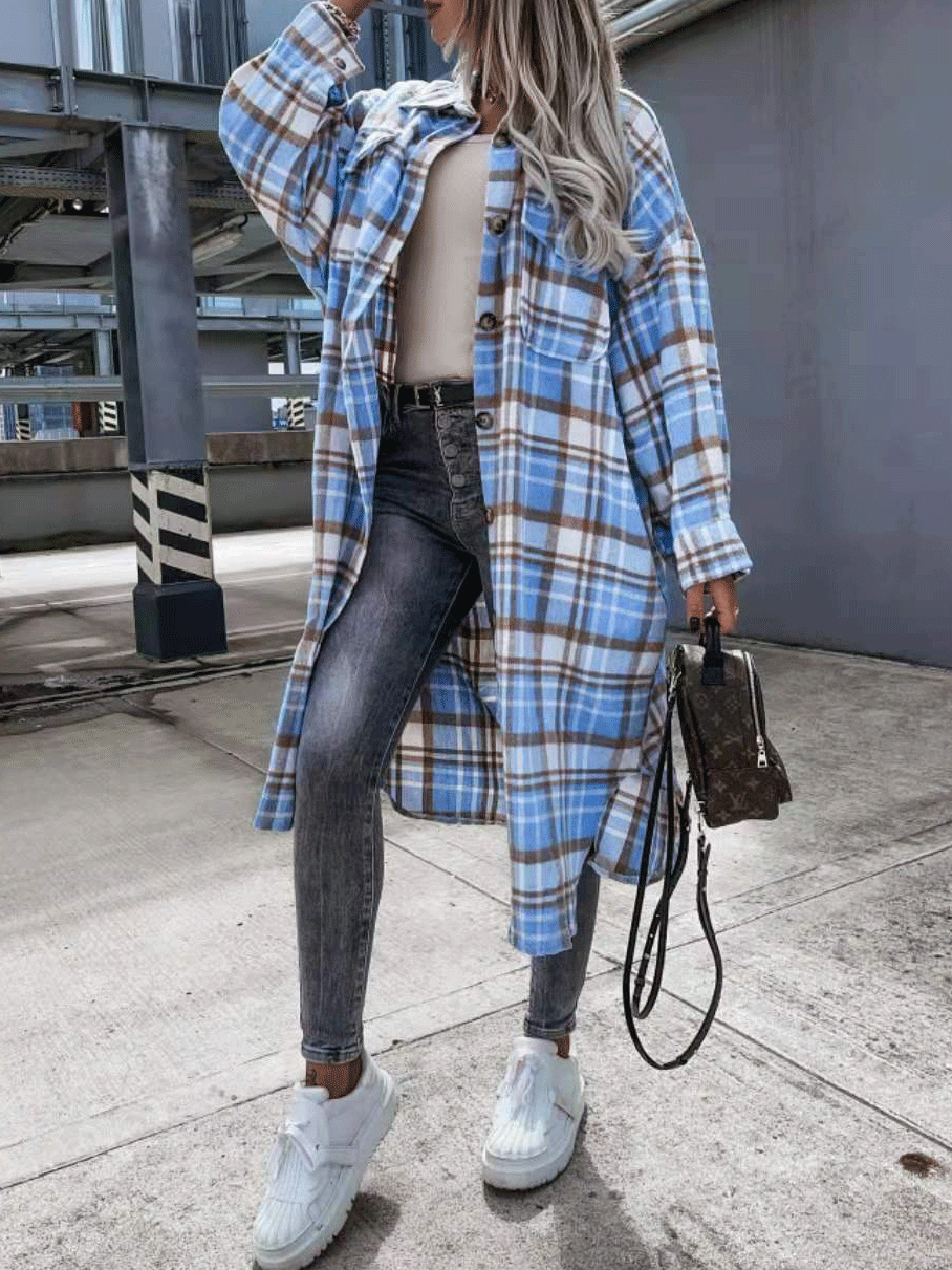 Women's Coats Pocket Button Plaid Shirt Long Coat - LuckyFash™