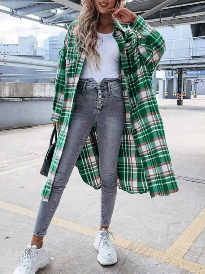 Coats Pocket Button Plaid Shirt Long Coat for Women