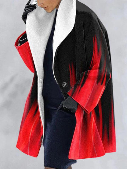 Coats Printed Lapel Long Sleeve Hooded Woolen Coat for Women