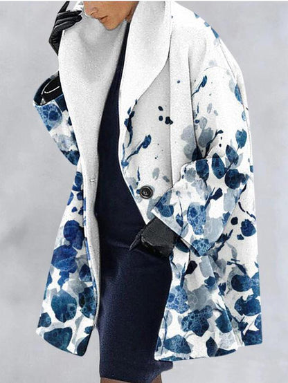 Coats Printed Lapel Long Sleeve Hooded Woolen Coat for Women