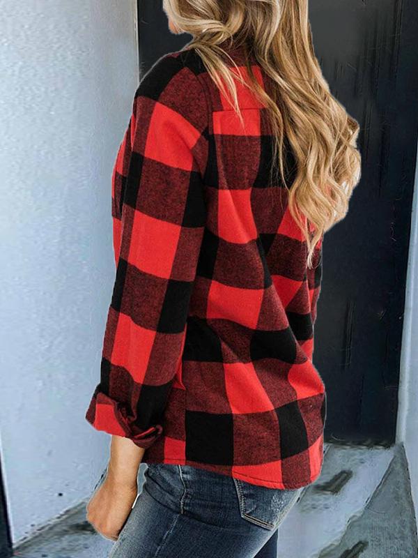 Women's Coats Red Plaid Long Sleeve Zipper Coat - LuckyFash™